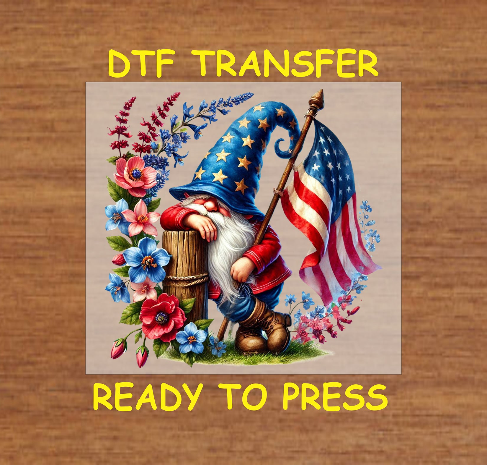 Gnome with American flag and floral border in red, white, and blue, DTF transfer ready to press.
