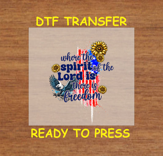 DTF transfer with Bible verse, patriotic eagle, stars, red white blue flag, and sunflowers.