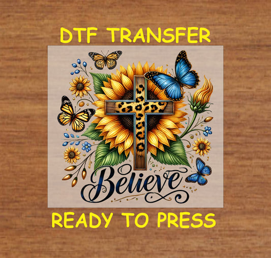 Sunflower and leopard print cross with butterflies and Believe text, DTF transfer.