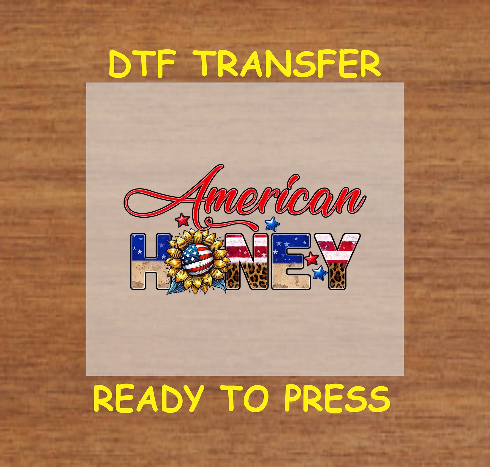 American Honey text with patriotic sunflower, leopard print, and stars, DTF transfer ready to press.