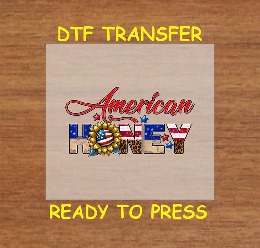 American Honey text with patriotic sunflower, leopard print, and stars, DTF transfer ready to press.