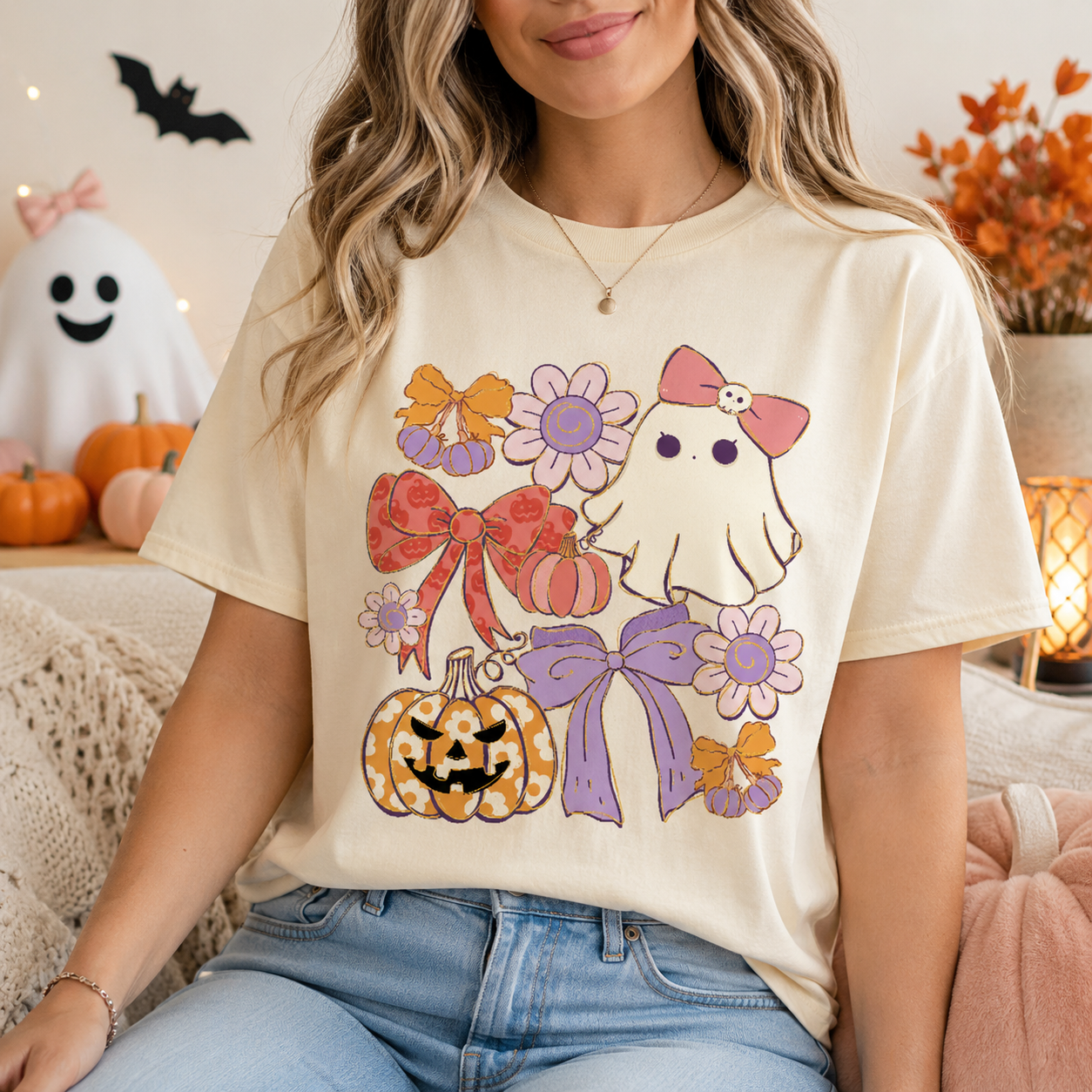 A woman wearing a cream-colored graphic t-shirt with a cute Halloween design featuring a ghost, pumpkins, flowers, and bows. The setting is a cozy, decorated living room with autumn and Halloween elements in the background.