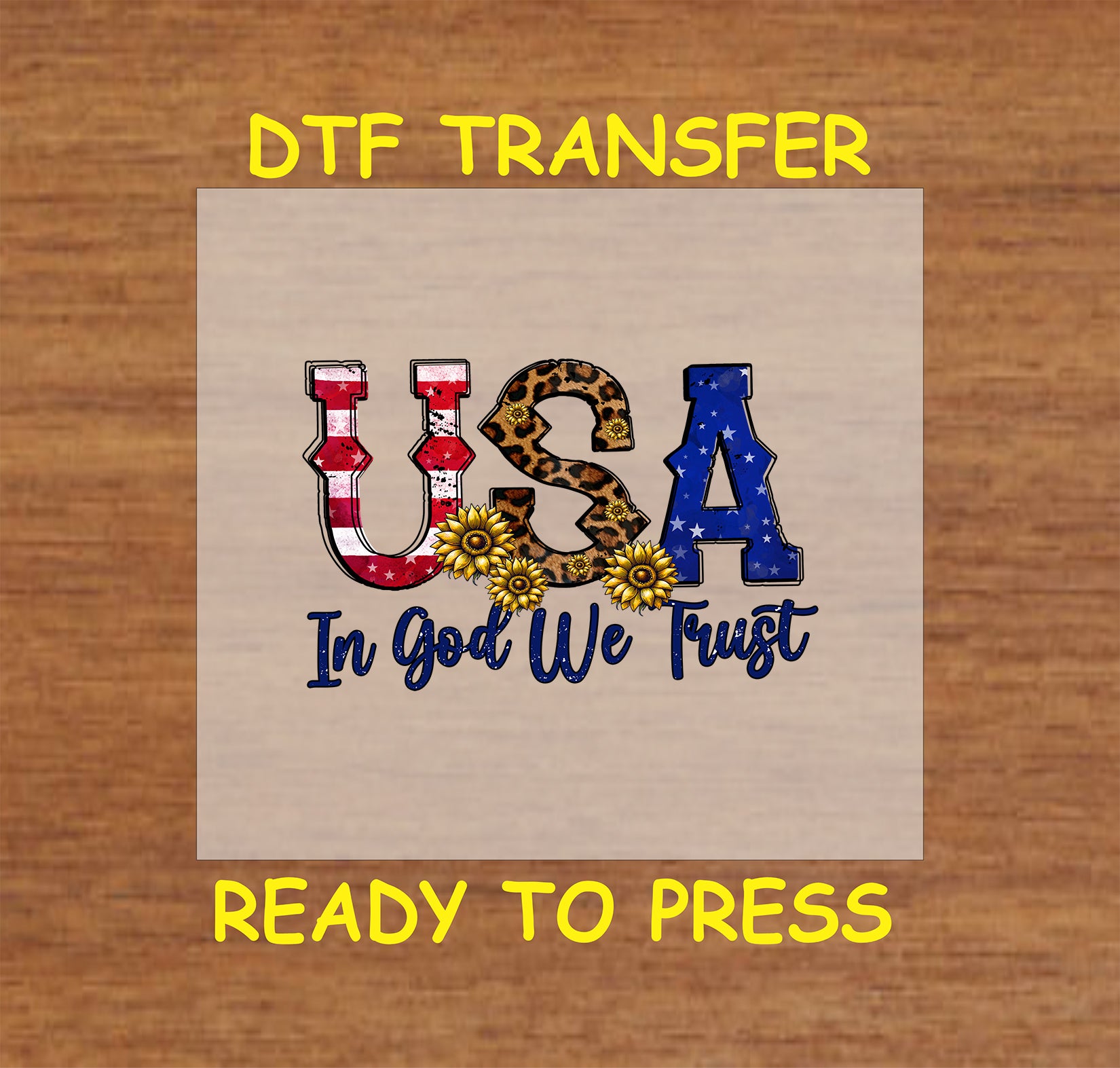 USA letters with stars, stripes, leopard print, sunflowers, and In God We Trust text, DTF transfer.