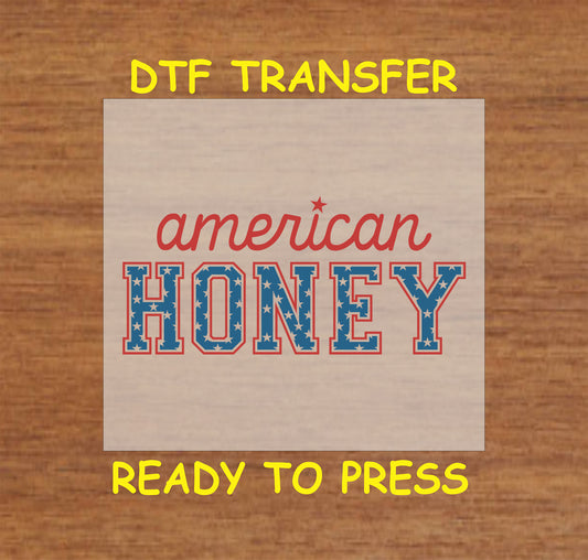 American Honey text with red script and blue block letters with white stars, DTF transfer.
