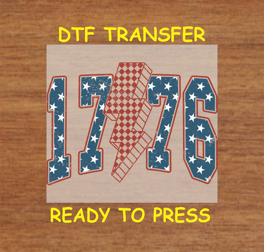 1776 numbers in blue with white stars and a red checkered lightning bolt, patriotic DTF transfer.