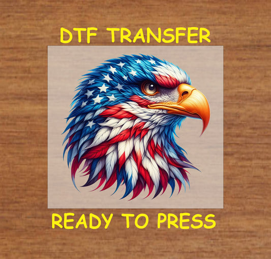 Patriotic eagle head with red white blue feathers and stars, DTF transfer ready to press.