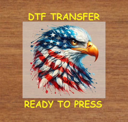 Patriotic eagle head with splatter paint, red white blue feathers and stars, DTF transfer.