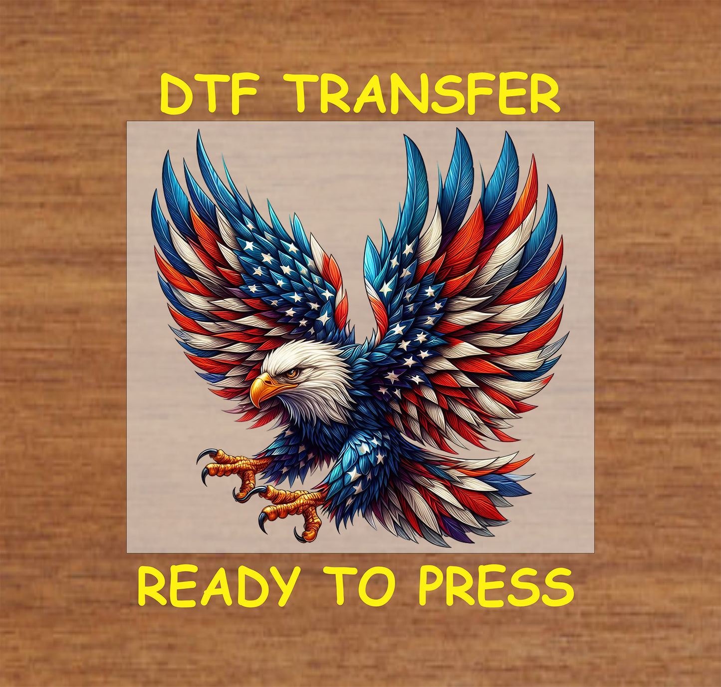 Patriotic eagle with red, white, and blue wings spread wide, ready for DTF heat transfer.