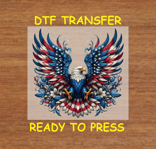 Ornate patriotic eagle with floral red, white, and blue feathers, ready for DTF press.