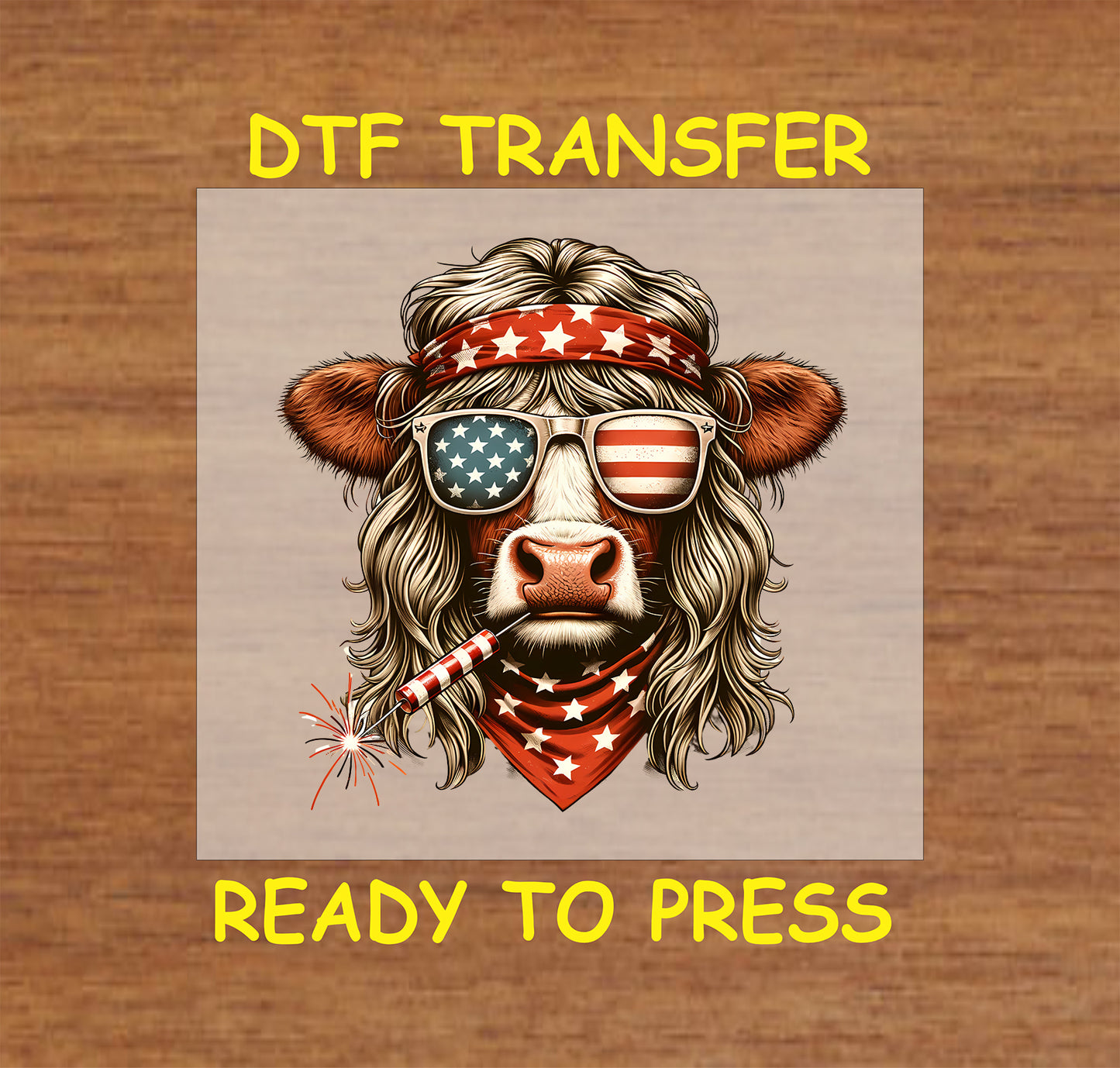 Patriotic cow with flag sunglasses, red bandana, and firecracker DTF transfer.