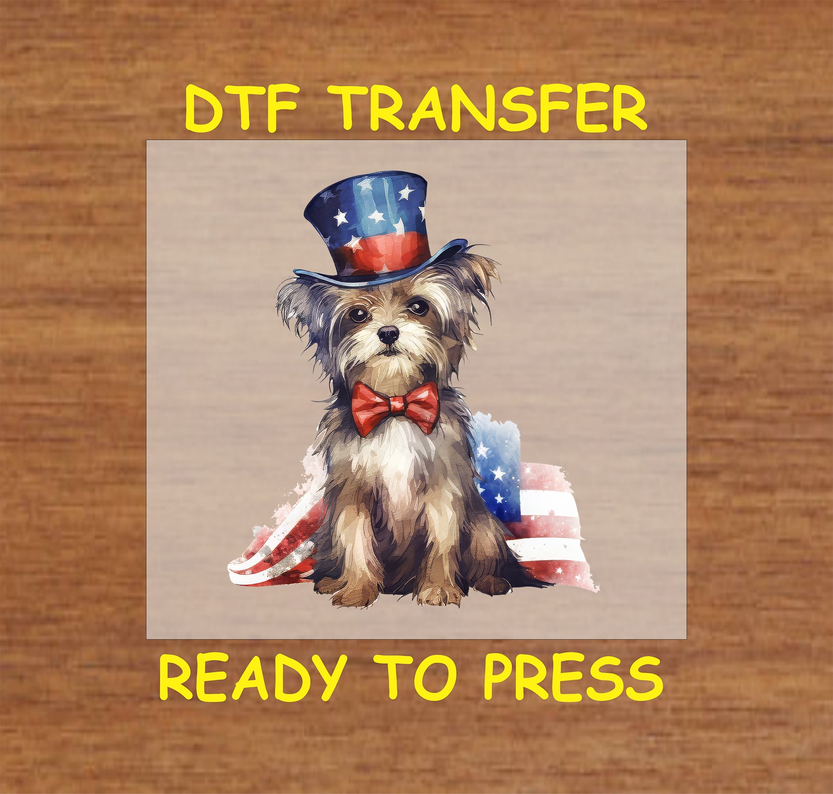 Yorkie with July 4 top hat and bow tie DTF transfer.