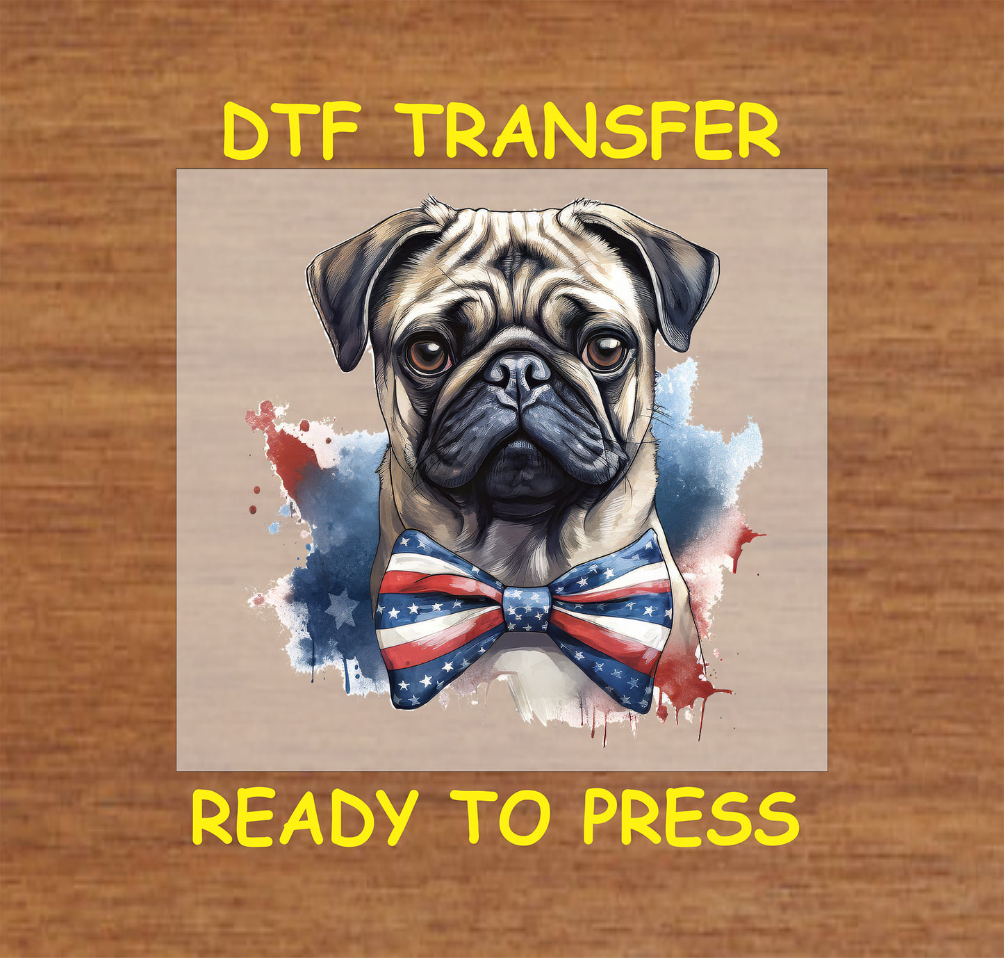 Pug wearing American flag bowtie for 4th of July

