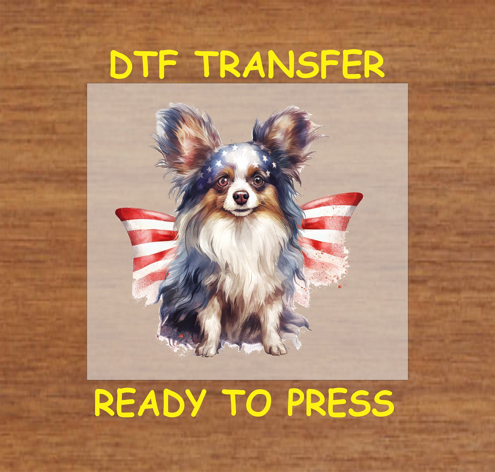 Dog with American flag wings and star headband for 4th of July.