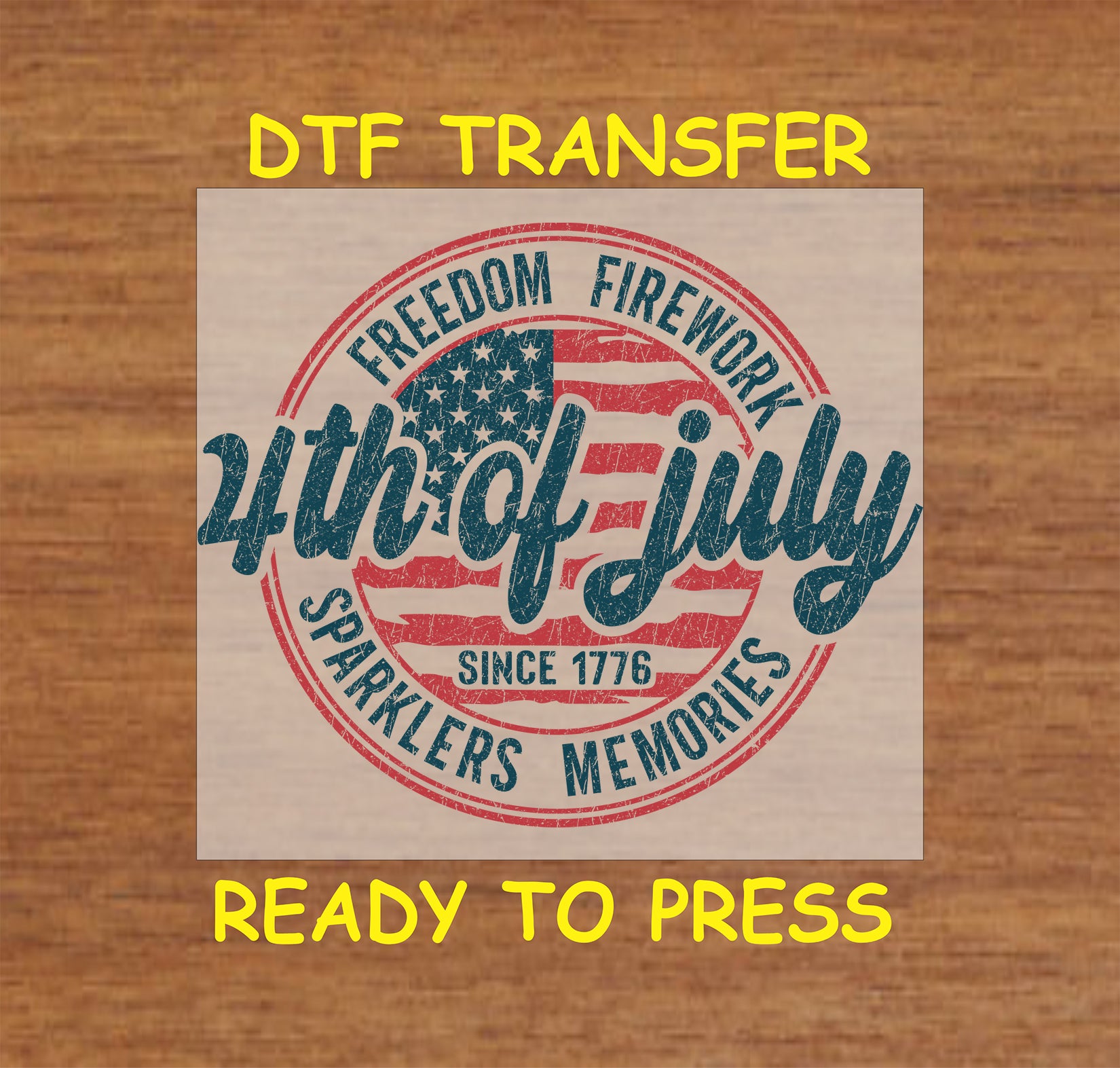 Retro 4th of July stamp-style DTF transfer with American flag and words like freedom and sparklers.