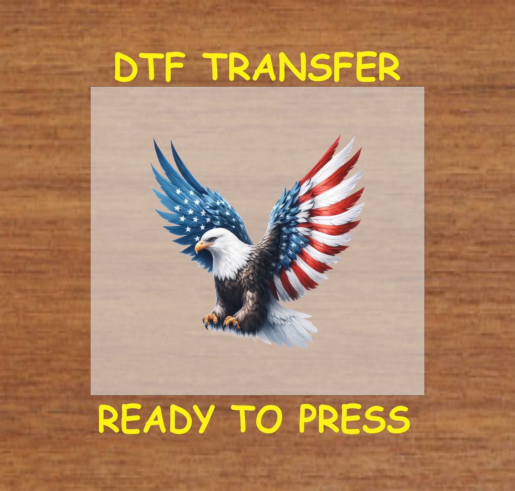 Soaring bald eagle with extended American flag wings in red, white, and blue for 4th of July DTF transfer.