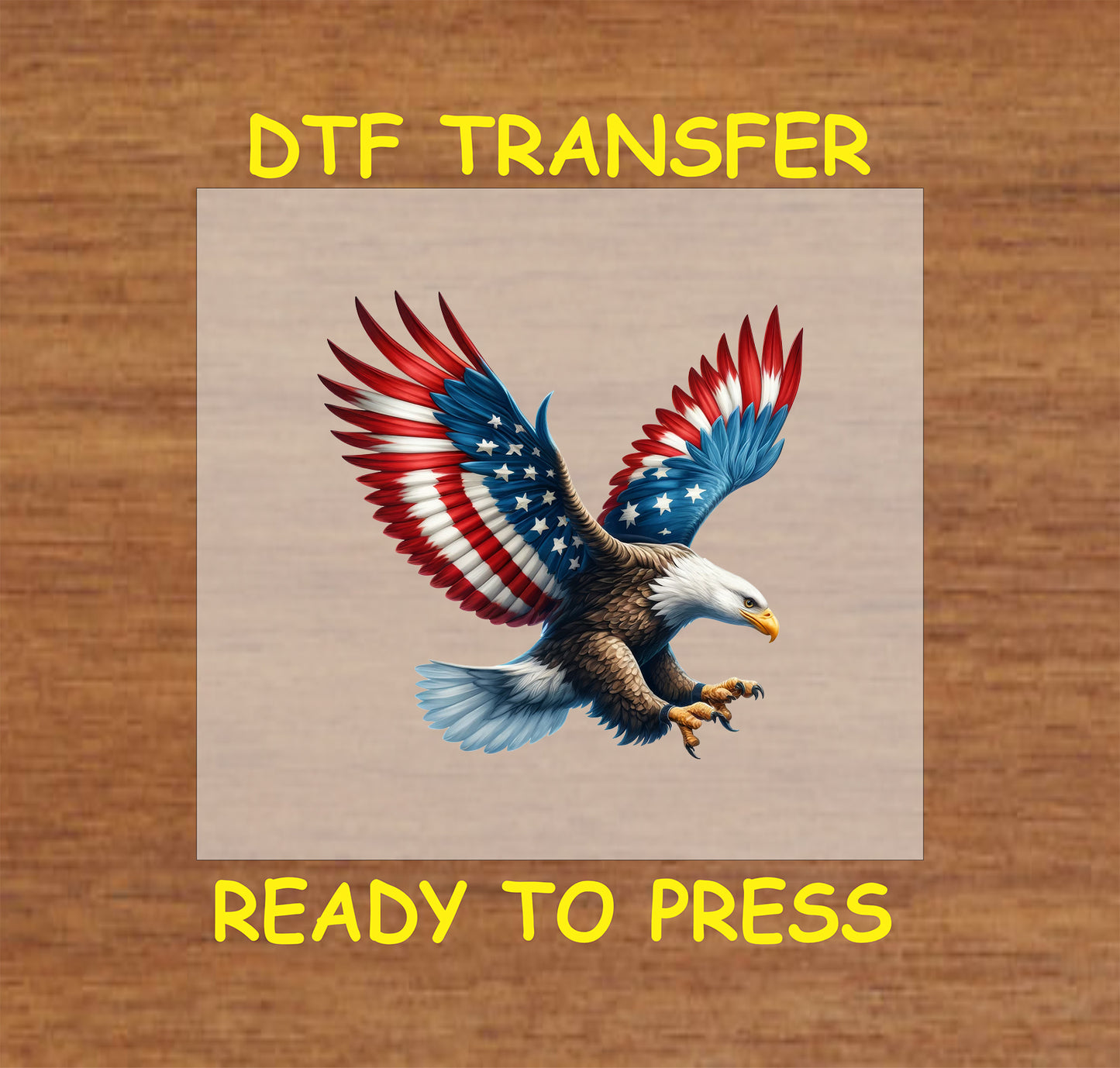 Bald eagle in attack pose with American flag wings spread wide for 4th of July DTF transfer.