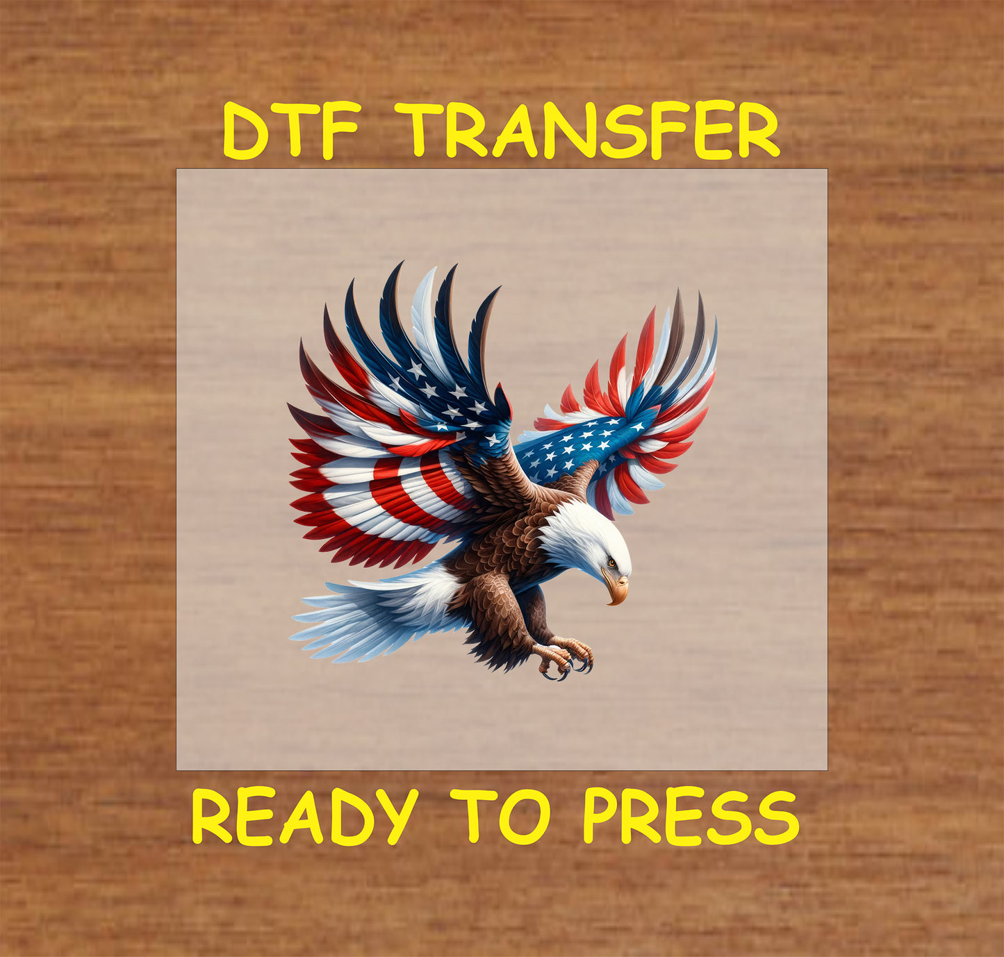 Swooping bald eagle with stylized red, white, and blue American flag wings for 4th of July DTF transfer.