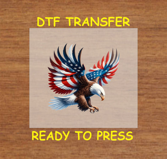 Swooping bald eagle with stylized red, white, and blue American flag wings for 4th of July DTF transfer.