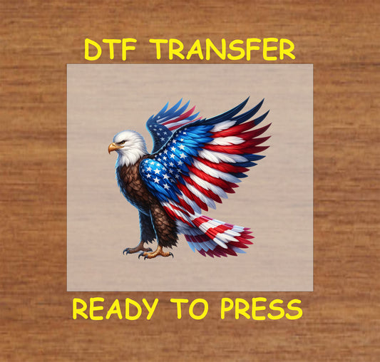 Standing bald eagle with extended American flag wings in red, white, and blue for 4th of July DTF transfer.