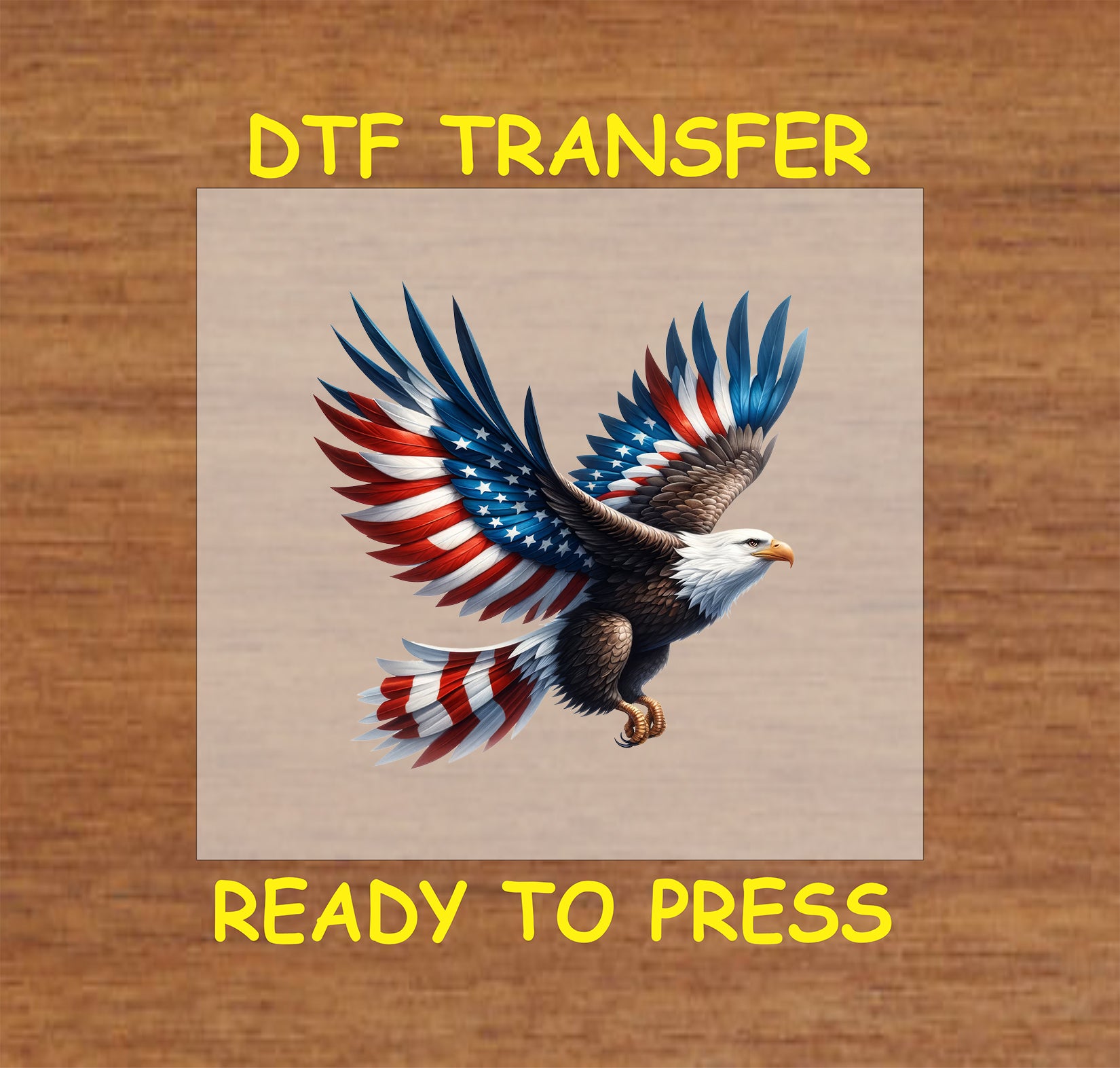 Flying bald eagle with American flag wings extended wide in red, white, and blue for 4th of July DTF transfer.