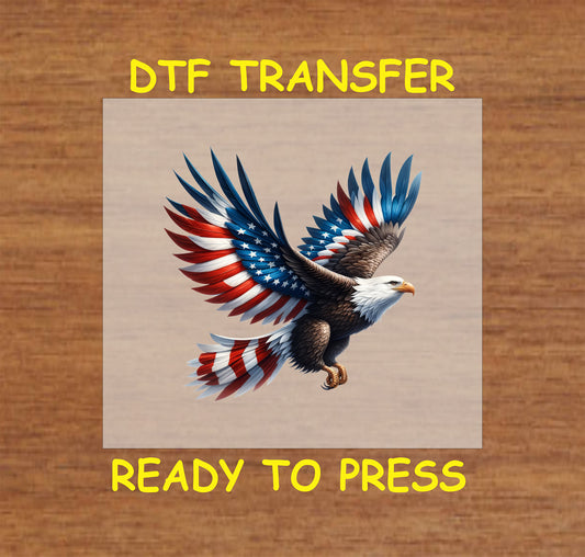 Flying bald eagle with American flag wings extended wide in red, white, and blue for 4th of July DTF transfer.
