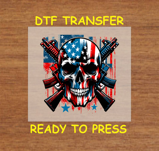Skull with American flag overlay, crossed rifles, and stars over grunge flag background for 4th of July DTF transfer.