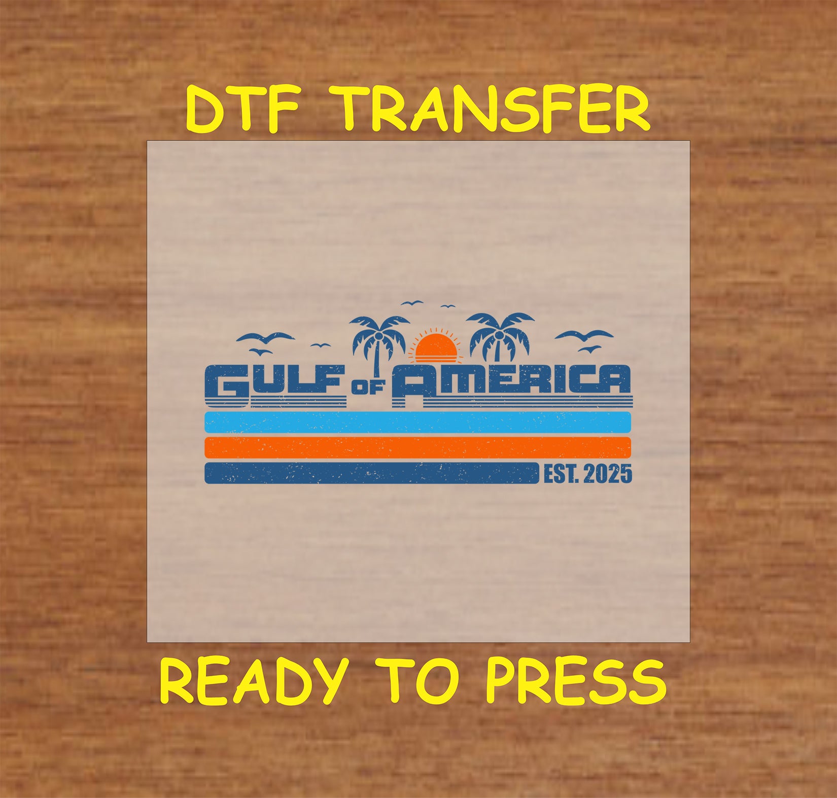 Gulf of America 2025 with palm trees and sunset in vintage stripes.