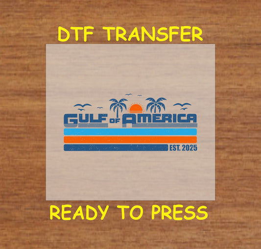 Gulf of America 2025 with palm trees and sunset in vintage stripes.