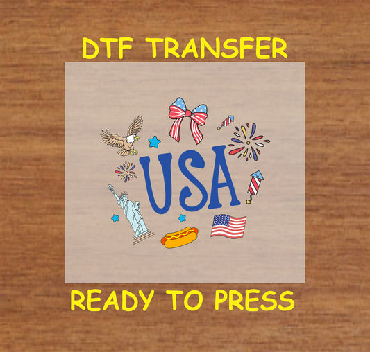 USA text surrounded by patriotic icons like eagle, flag, and fireworks.