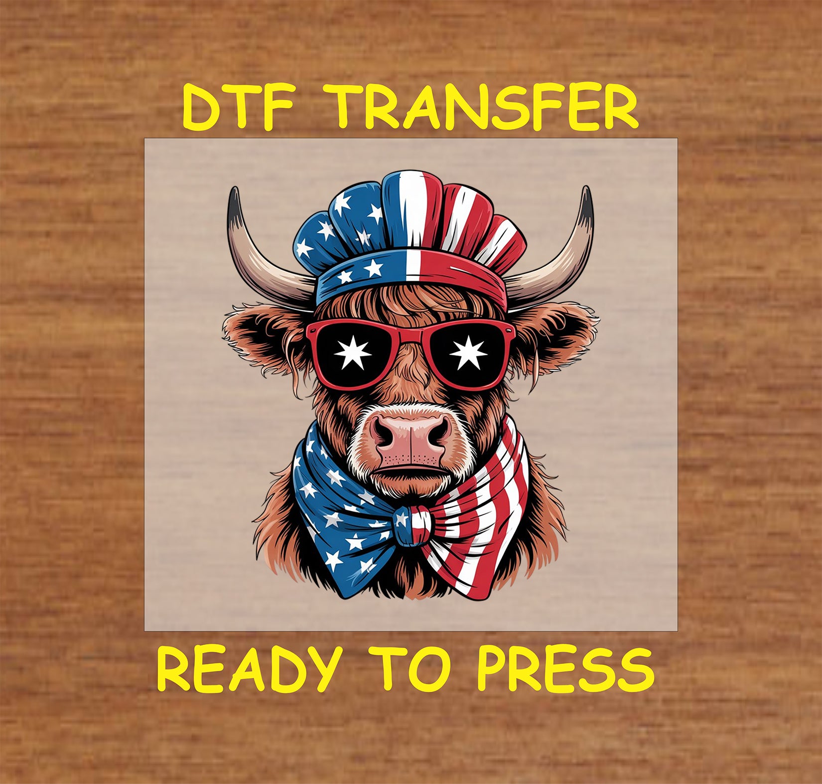 Highland cow with patriotic sunglasses, headband, and USA bandana.