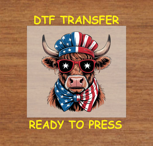 Highland cow with patriotic sunglasses, headband, and USA bandana.