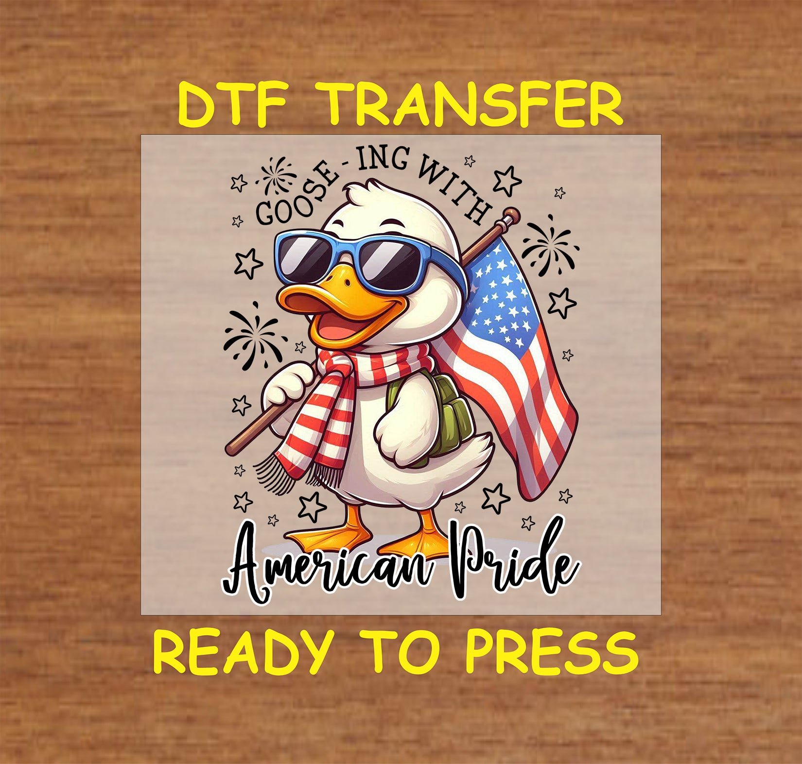 Cartoon goose holding flag wearing sunglasses with patriotic theme.