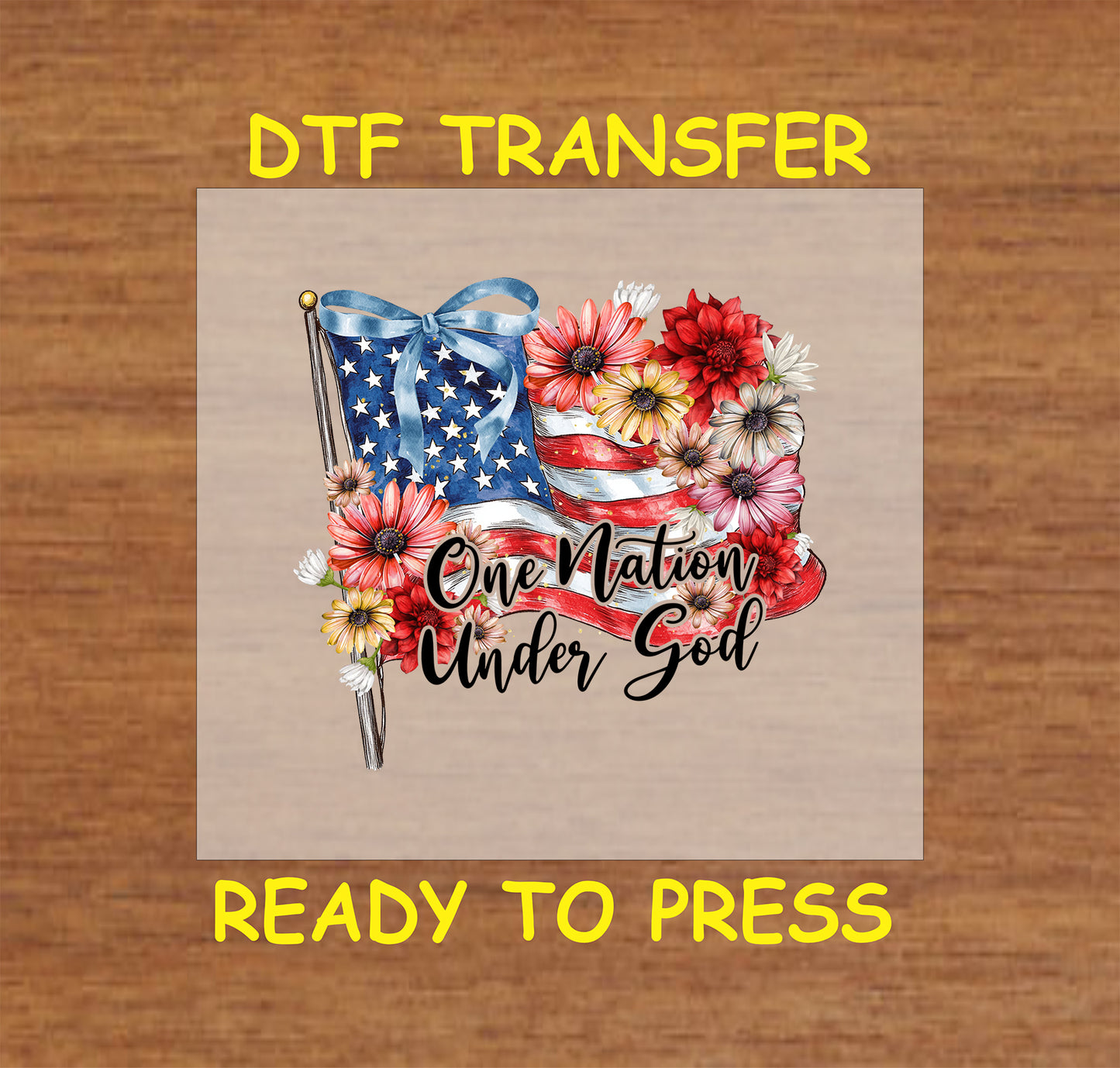 American flag with blue bow, colorful daisies, and text One Nation Under God.