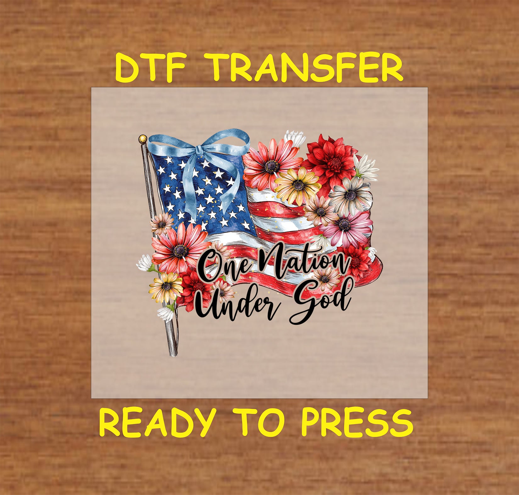 American flag with blue bow, colorful daisies, and text One Nation Under God.