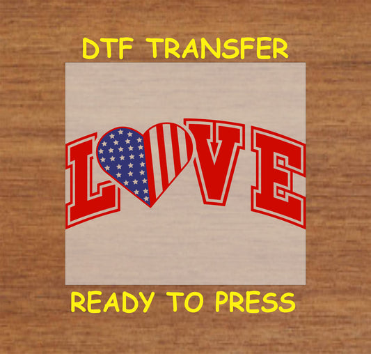 LOVE text with heart-shaped American flag in place of O.