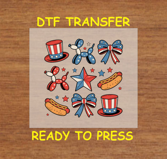 4th Of July DTF Transfer Iron On Heat Transfer - Ready to Press, Patriotic Balloons and Hot Dogs DTF Transfer 7442