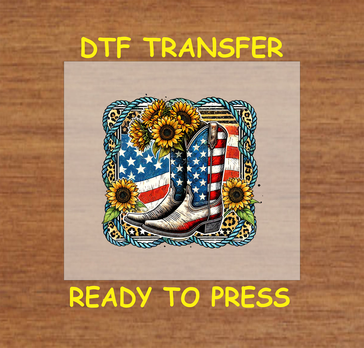 Cowgirl boots with American flag pattern, sunflowers, and a western rope border.