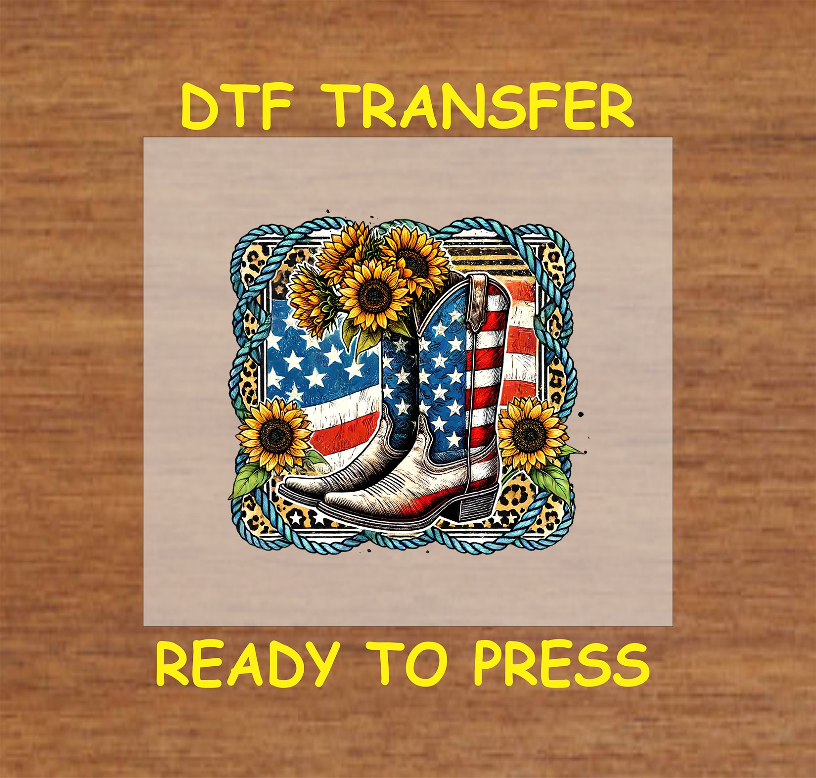 Cowgirl boots with American flag pattern, sunflowers, and a western rope border.