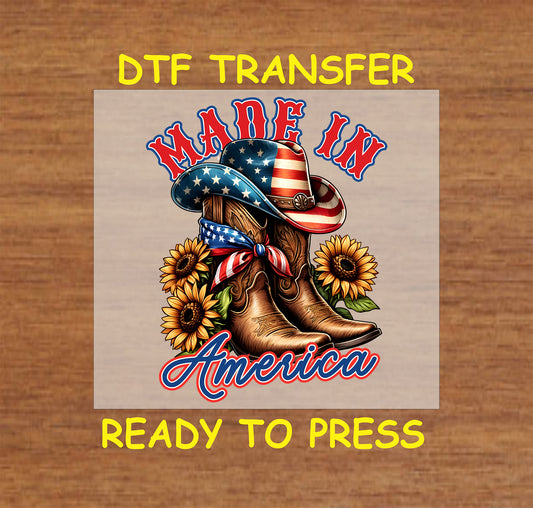 Cowgirl boots with flag hat, sunflowers, and Made in America text.
