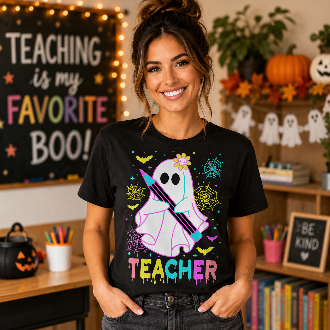 A woman wearing a black graphic t-shirt with a colorful Halloween-themed ghost and pencil design, standing in a decorated classroom setting with a chalkboard that reads 'TEACHING is my FAVORITE BOO!'.