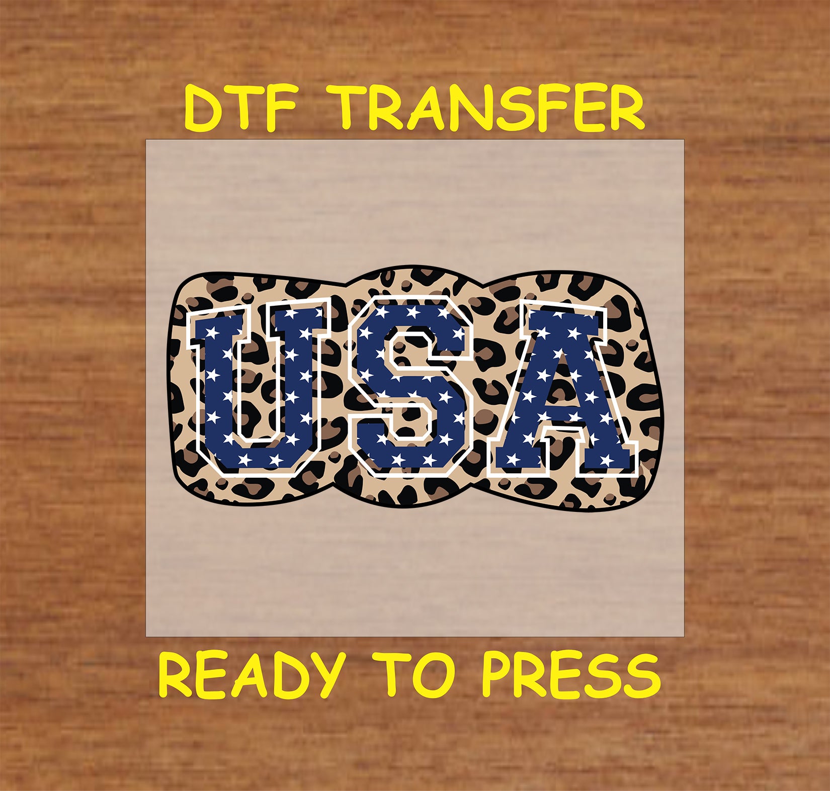 USA star print letters on leopard print bow DTF transfer.