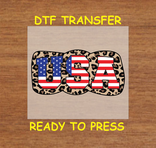 USA flag letters on leopard bow DTF transfer.
