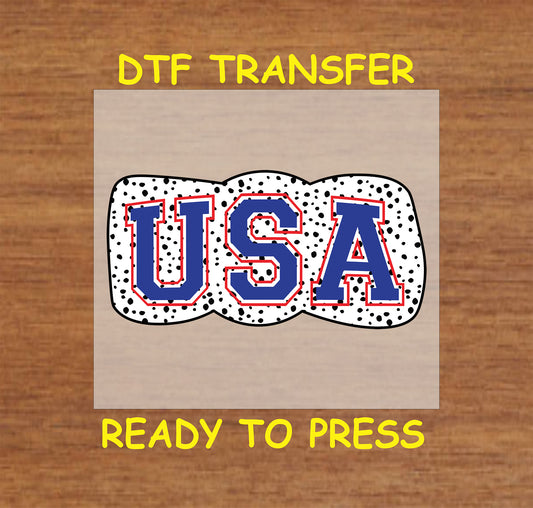 USA letters on white bow with black polka dots DTF transfer.