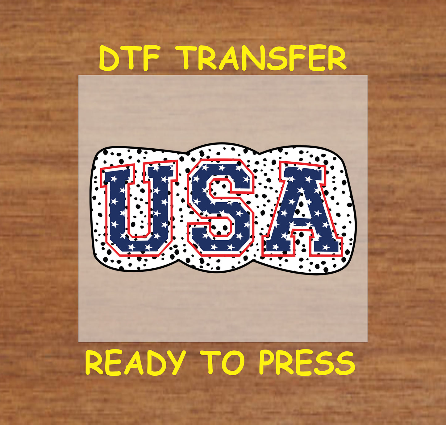 USA letters with white stars on navy and black polka dot bow DTF transfer.
