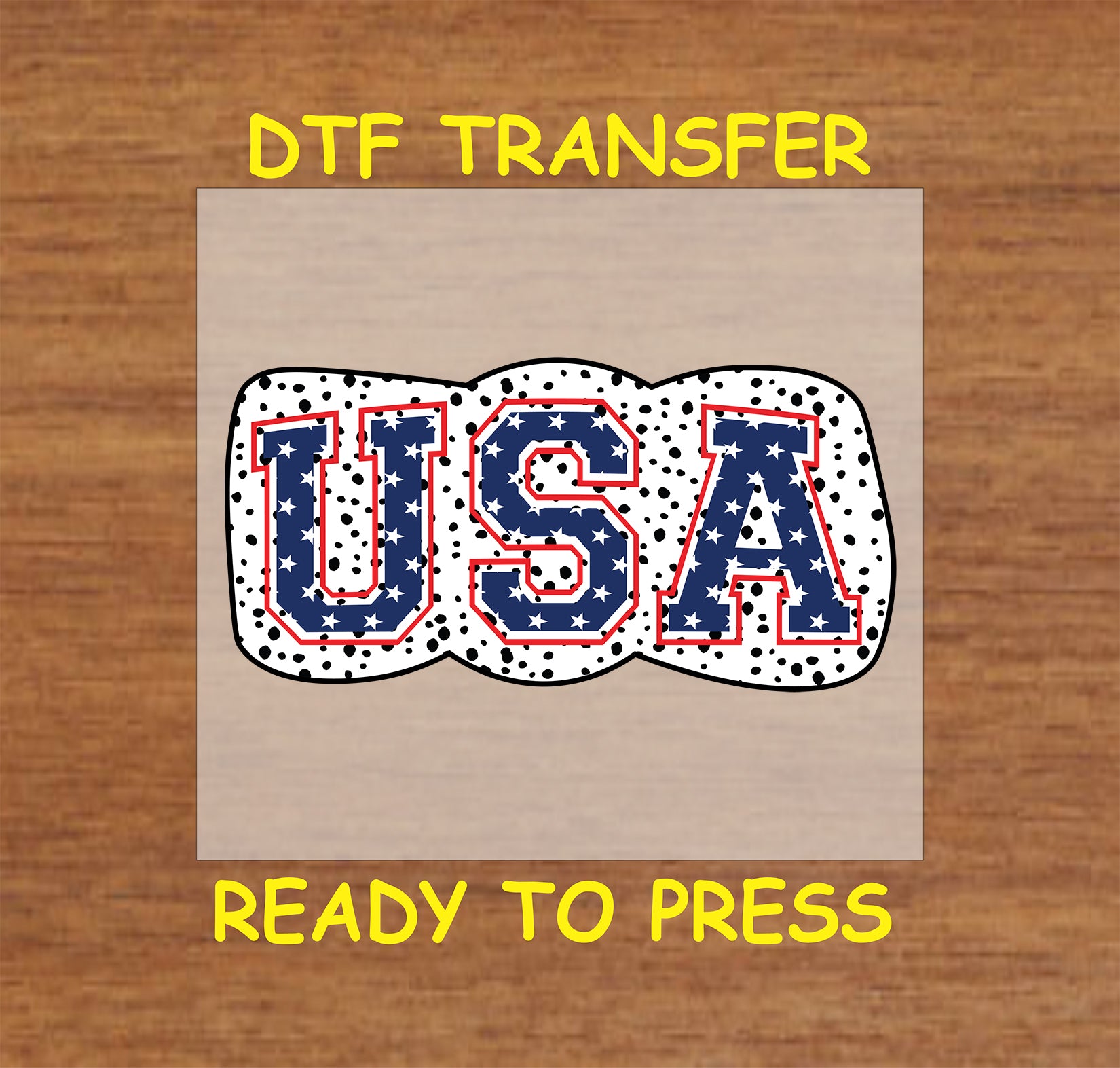USA letters with white stars on navy and black polka dot bow DTF transfer.