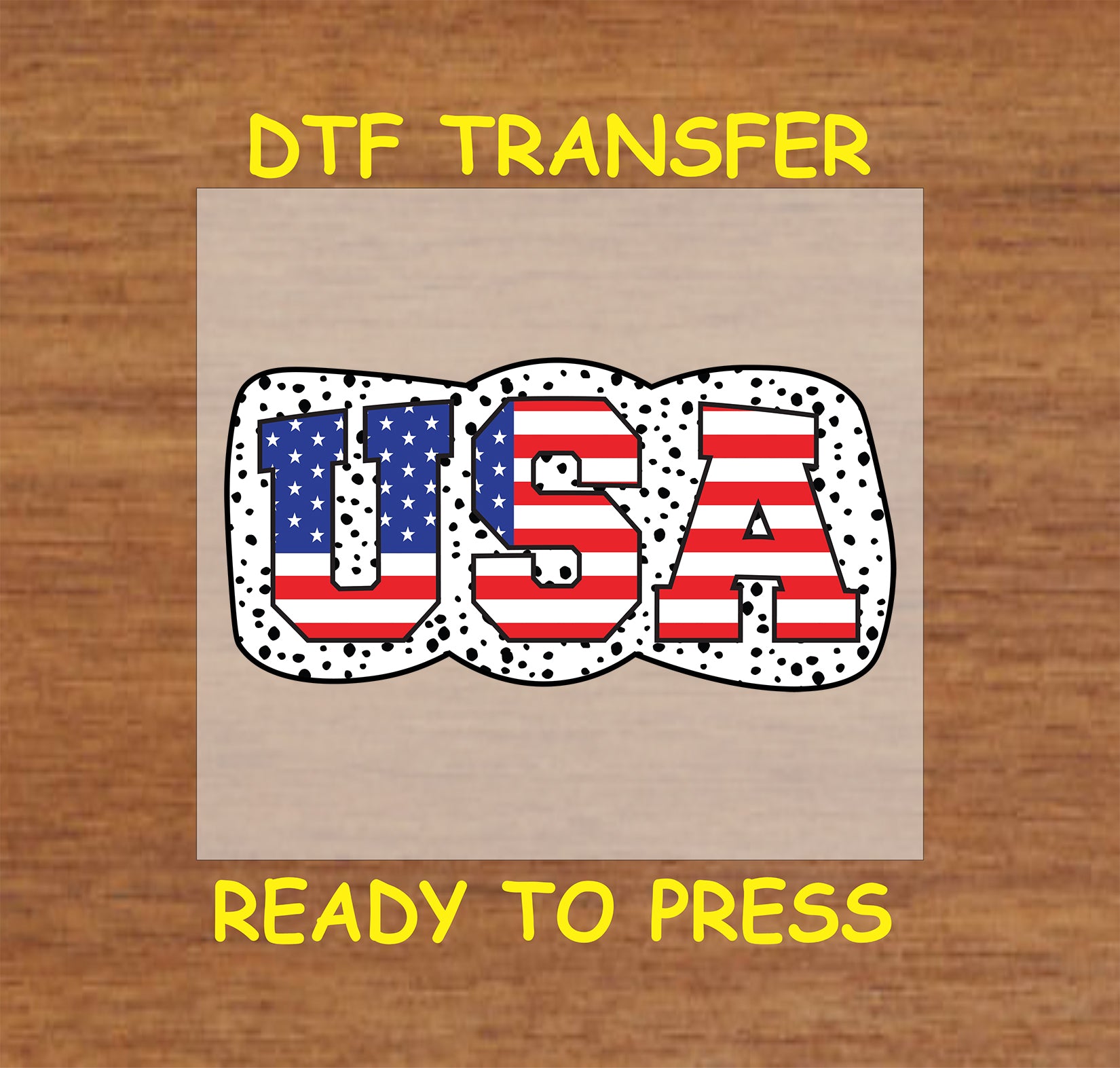 USA letters with American flag pattern and polka dot bow DTF transfer.