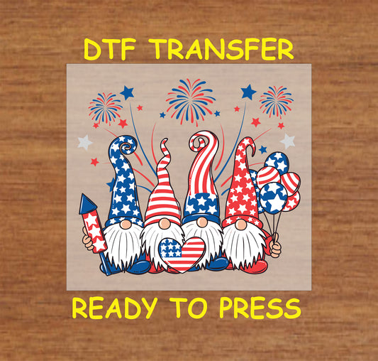 DTF transfer with four patriotic gnomes, fireworks, American flag balloons, and stars.