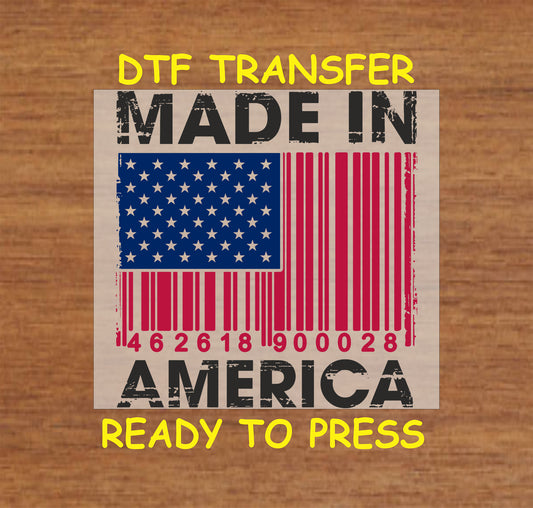 DTF transfer with grunge text Made in America and barcode styled as American flag.