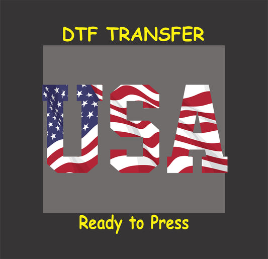 DTF transfer with bold USA text filled with American flag pattern.