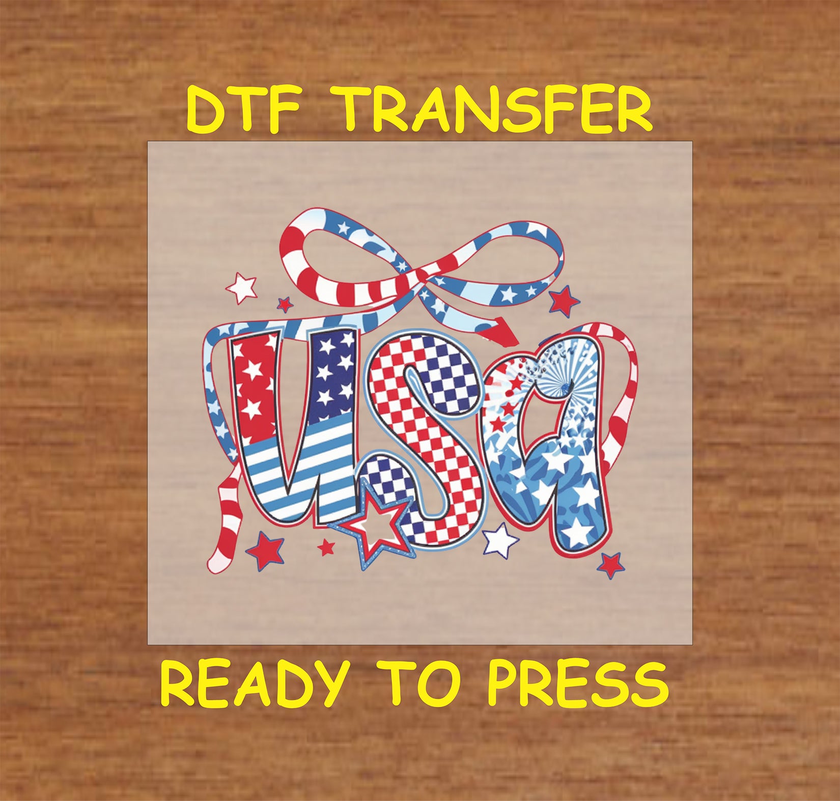 Patriotic USA DTF transfer with stars, stripes, checkered patterns, and a red white and blue bow.
